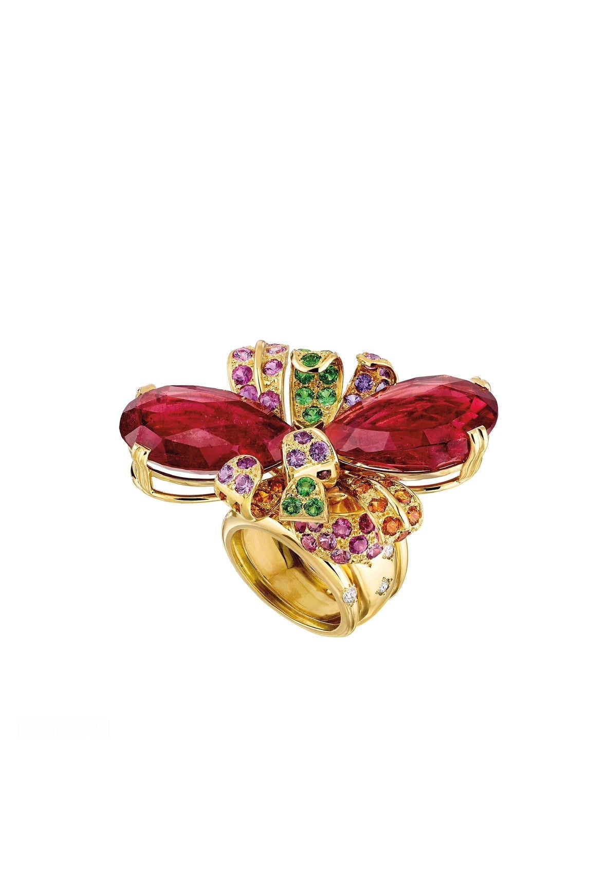 Bague caraba Cabinet de curiosité rubellites facettées poire, grenats tsavorites, spessartites cognacs et oranges, diamants et or jaune recyclé 18k 750/1000