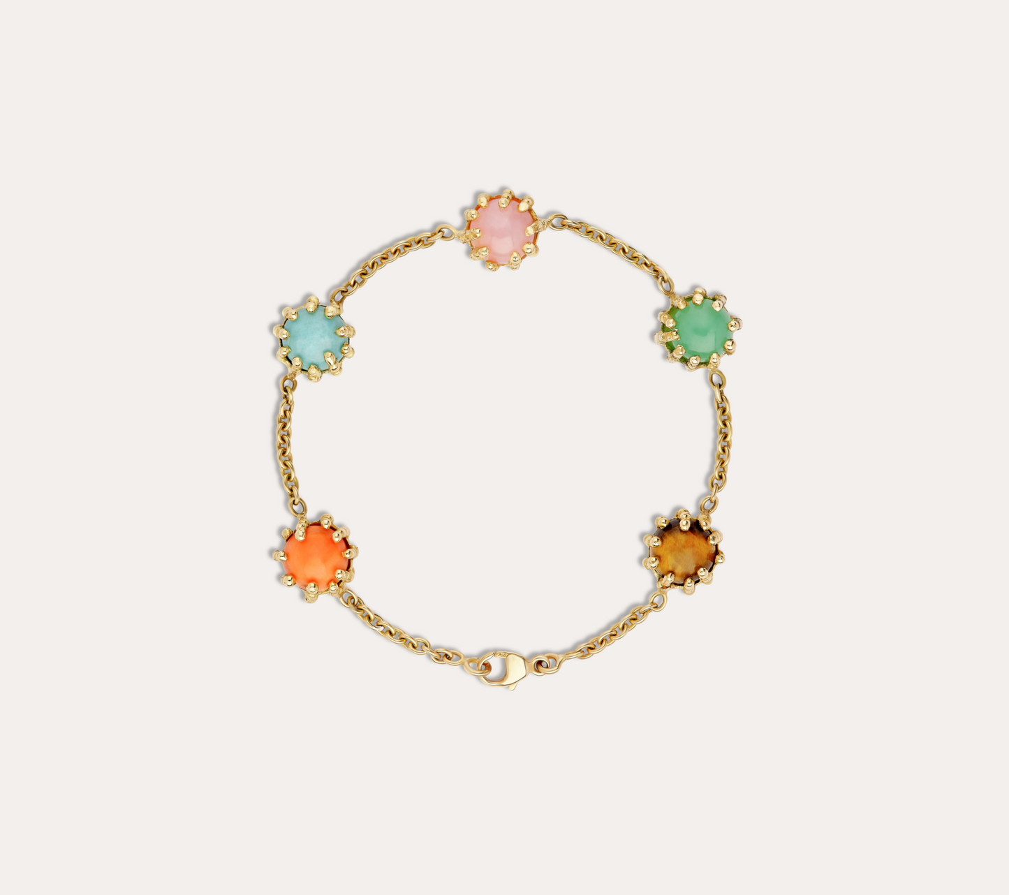 Bracelet Boules d'amour couleur pastel, turquoise, corail, opale rose, chrysoprase, œil de tigre et or jaune recyclé 18k 750/1000. Longueur 18 cm