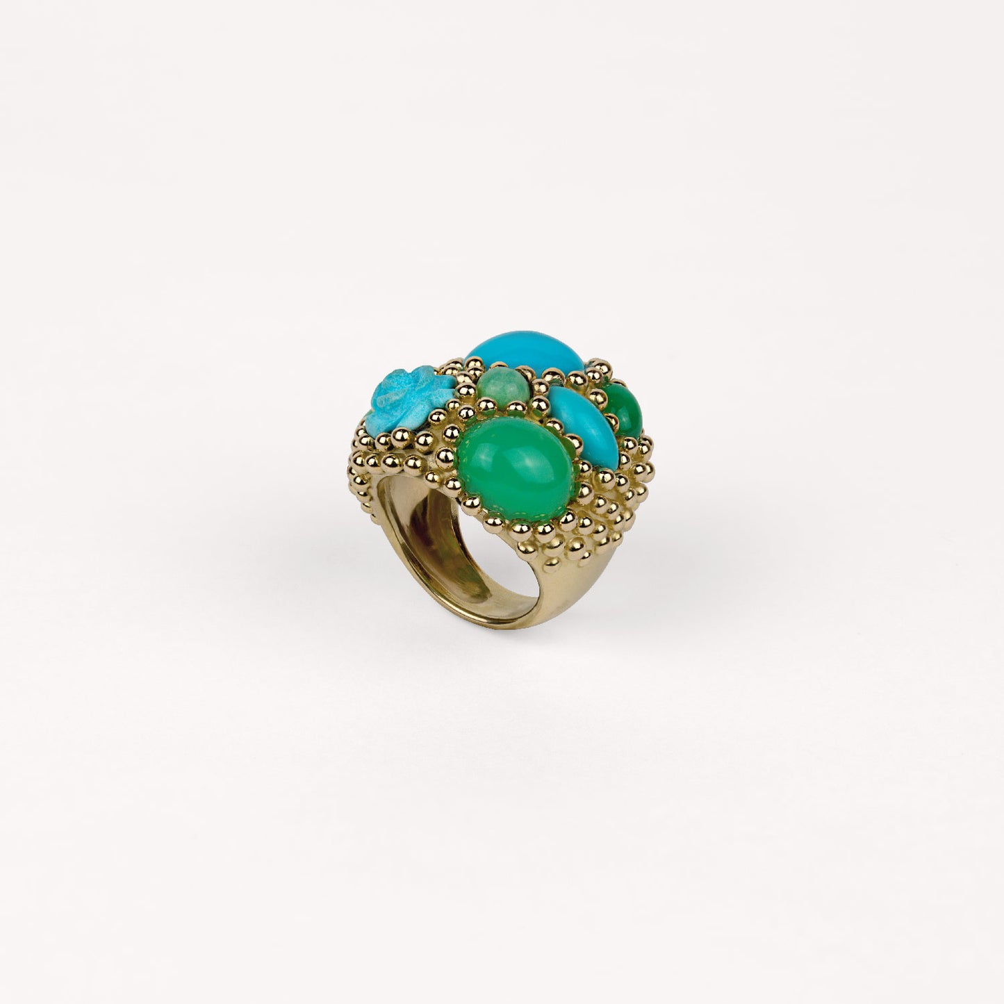 Bague poudre d'escampette mélusine Cabinet de curiosité turquoise bleue, turquoise verte, chrysoprase, opale et or jaune recyclé 18k 750/1000