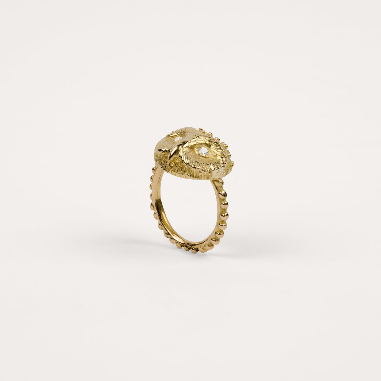 Bague Prodigieux bestiaire chouette anneau perlé diamants et or jaune recyclé 18k 750/1000