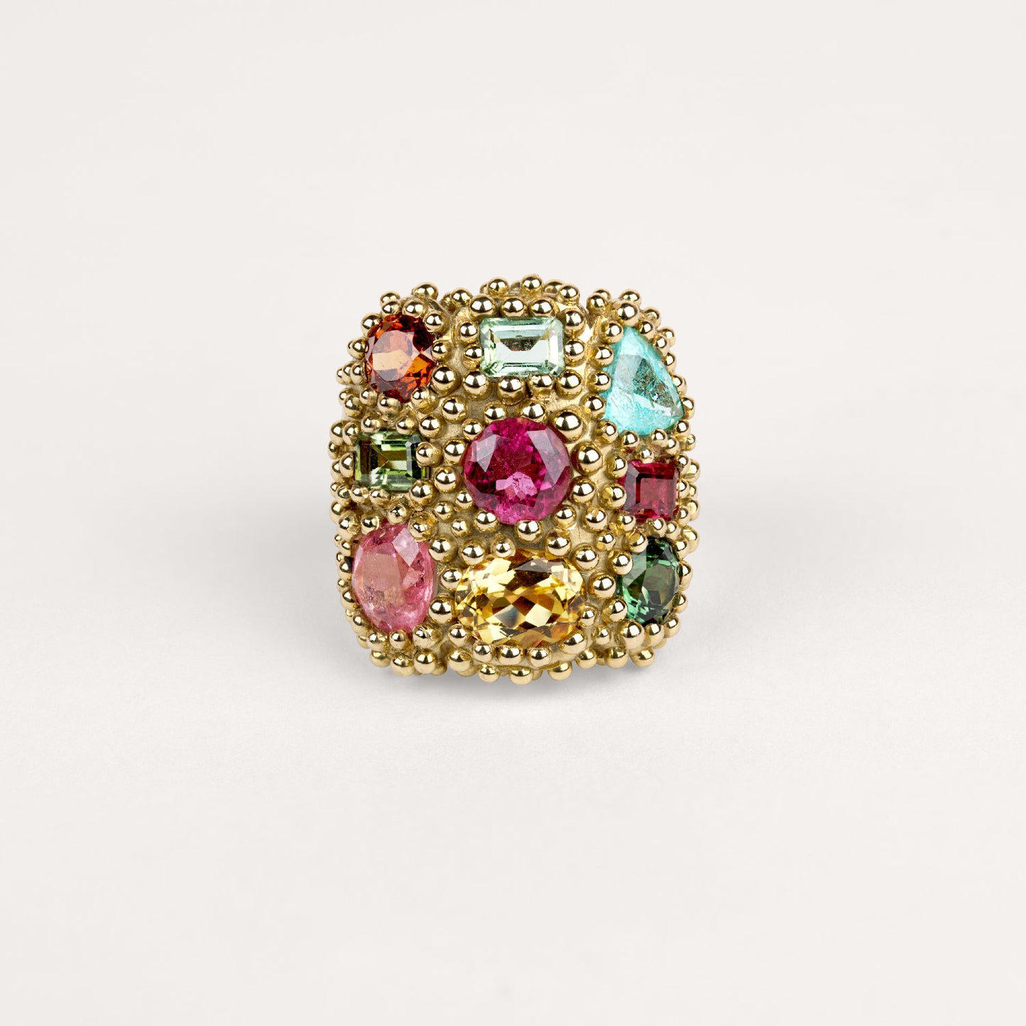 Bague poudre d'escampette tutti frutti Cabinet de curiosité tourmaline paraiba, tourmalines jaune, rose, fuchsia, verte, grenat spessartite orange et or jaune recyclé 18k 750/1000
