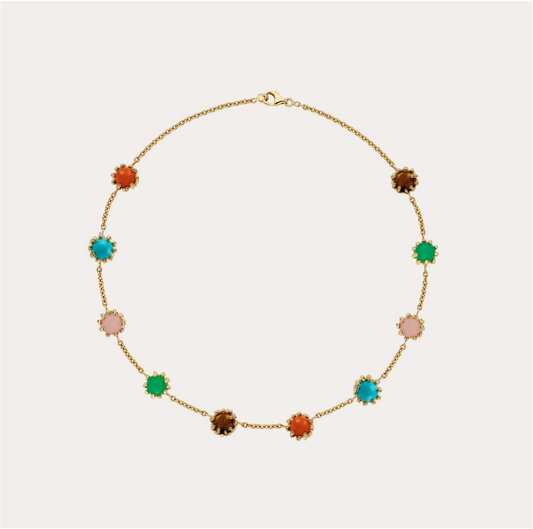 Collier Boules d'amour multicolores corail, turquoise, opale rose et or jaune recyclé 18k 750/1000