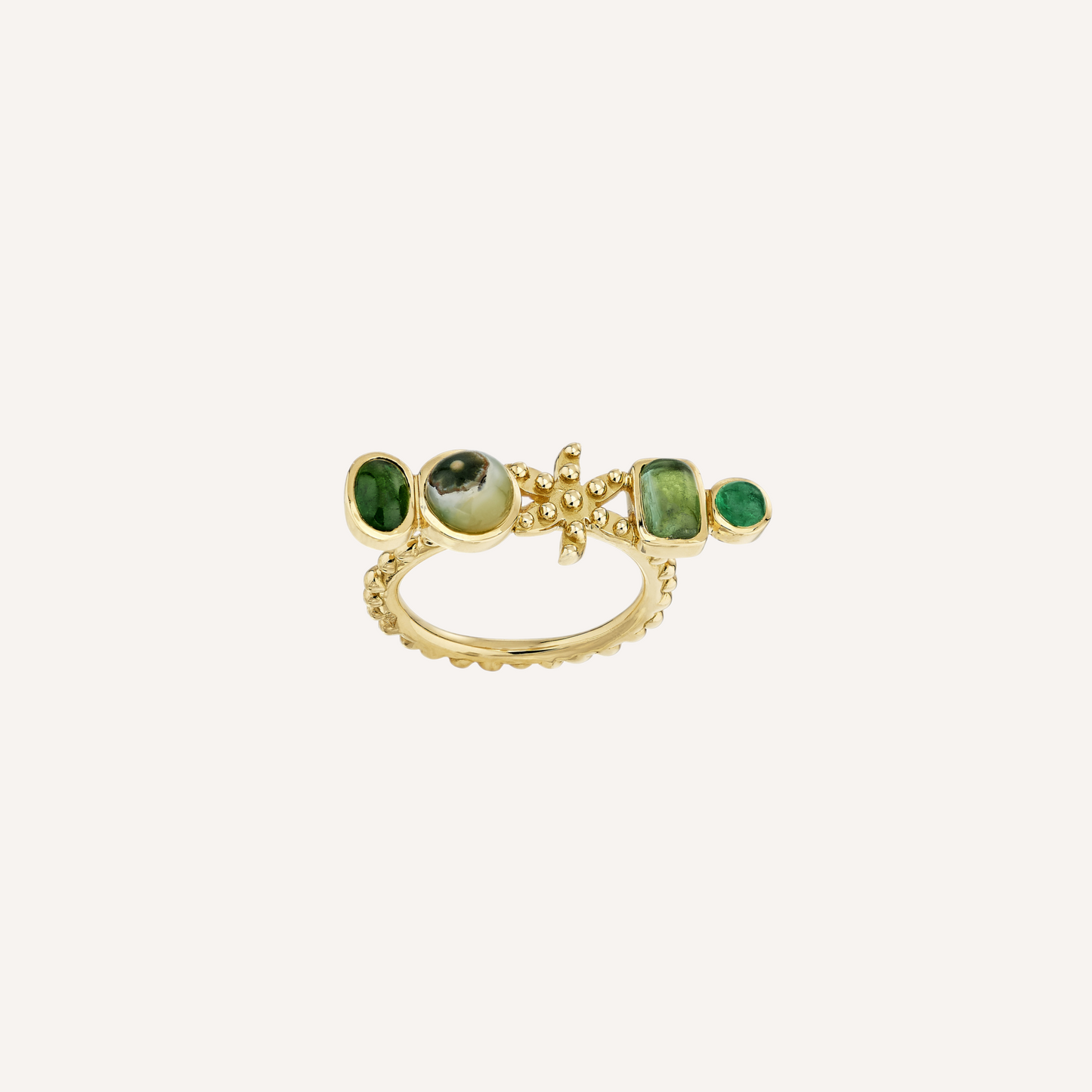 Bague Bohème fleur, anneau perlé, émeraude, tourmaline verte, jaspe vert et or jaune recyclé 18k 750/1000