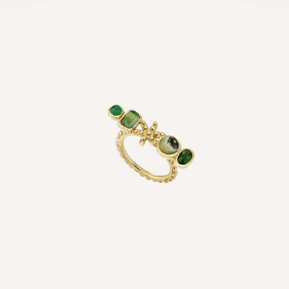 Bague Bohème fleur, anneau perlé, émeraude, tourmaline verte, jaspe vert et or jaune recyclé 18k 750/1000