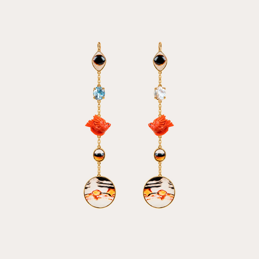 Boucles d'oreilles oiseaux éruption légère Cabinet de curiosité oiseaux en corail, perles plates, agate paysage et or jaune 18k 750/1000