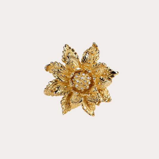 Bague fleur tropicale tremblante Cabinet de curiosité  diamants et or jaune 18k 750/1000