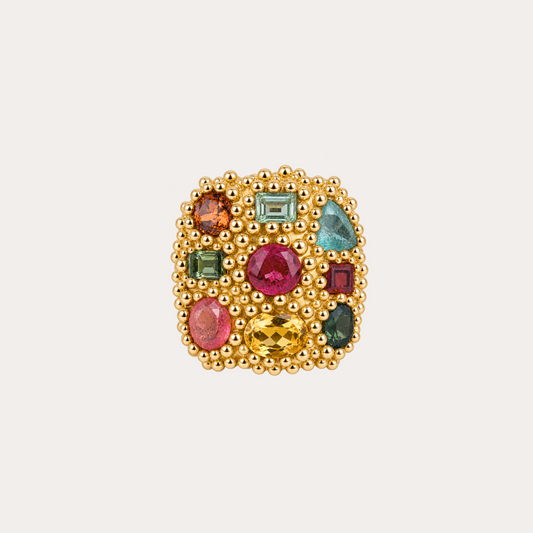 Bague poudre d'escampette tutti frutti Cabinet de curiosité  tourmaline paraiba, tourmalines jaune, rose, fuchsia, verte, grenat spessartite orange et or jaune 18k 750/1000