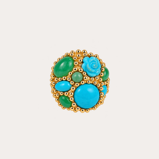 Bague poudre d'escampette mélusine Cabinet de curiosité turquoise bleue, turquoise verte, chrysoprase, opale et or jaune 18k 750/1000