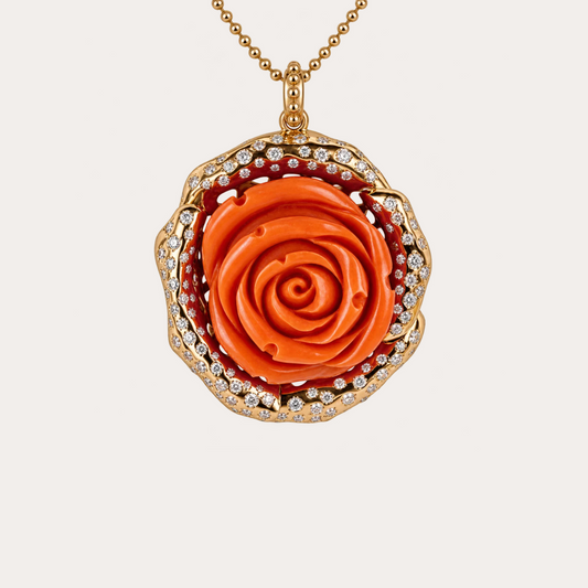 Pendentif pandora Cabinet de curiosité rose en corail, diamants et or jaune 18k 750/1000