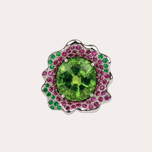 Bague éclosion Cabinet de curiosité  péridot couleur vert pomme, saphirs violets, grenats tsavorite et or blanc 18k 750/1000
