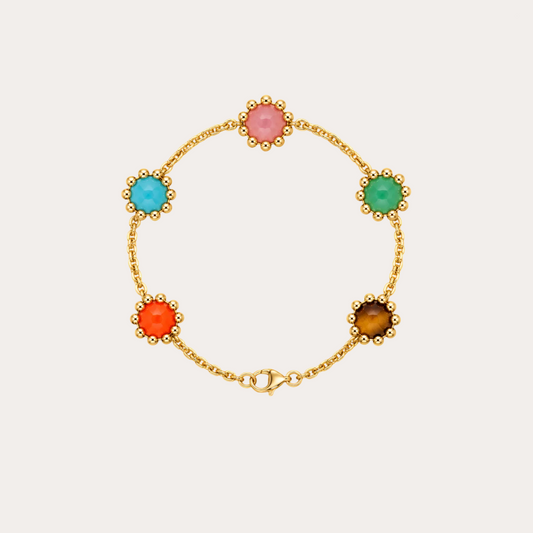 Bracelet Boules d'amour couleur pastel, turquoise, corail, opale rose, chrysoprase, œil de tigre et or jaune 18k 750/1000. Longueur 18 cm