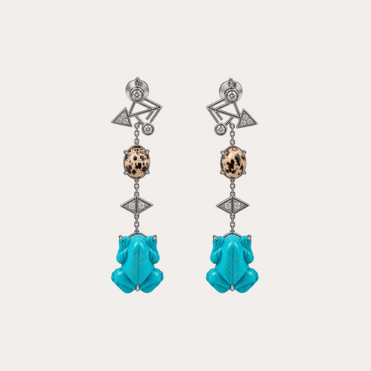 Boucles d'oreilles grenouille Cabinet de curiosité  turquoise bleue, agate mouchetée, diamants et or blanc 18k 750/1000