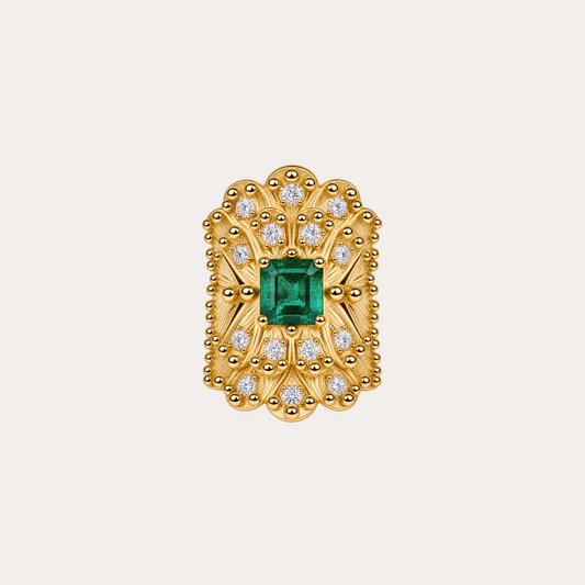 Bague  jungle en folie Cabinet de curiosité émeraude taille rectangulaire, diamant et or jaune 18k 750/1000