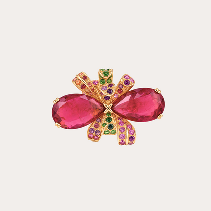 Bague caraba Cabinet de curiosité  rubellites facettées poire, grenats tsavorites, spessartites cognacs et oranges, diamants et or jaune 18k 750/1000