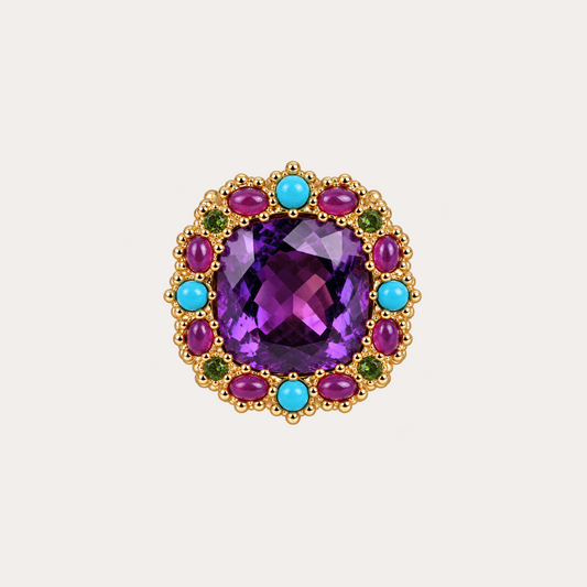 Bague ciel poétique Cabinet de curiosité  améthyste forme coussin, turquoise, améthystes et or jaune 18k 750/1000