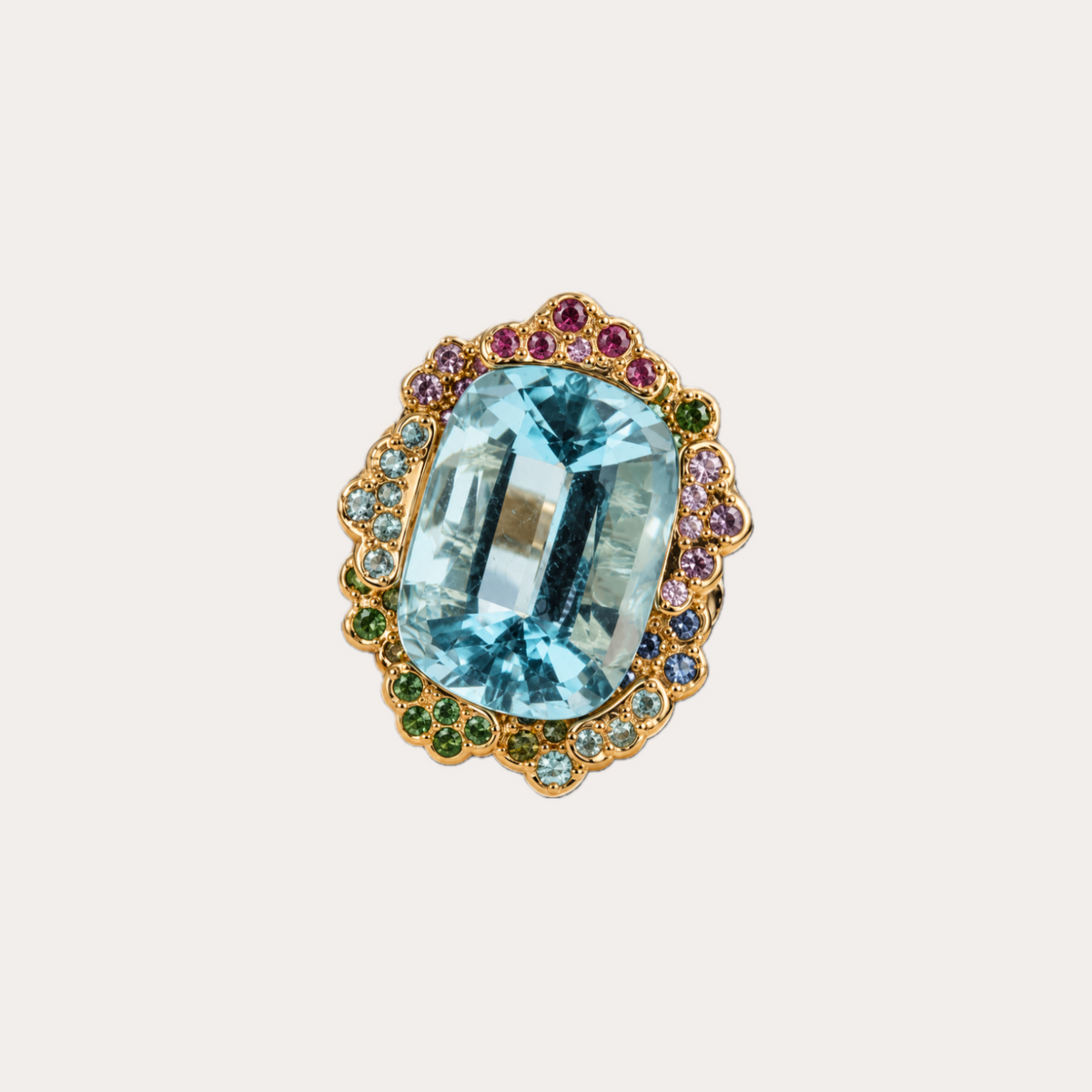 Bague  grand froid Cabinet de curiosité aigue-marine, saphirs roses, bleus, violets, diamants et or jaune 18k 750/1000