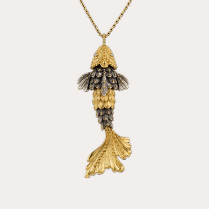 Pendentif Prodigieux bestiaire poisson argent noirci et diamants et or jaune 18k 750/1000