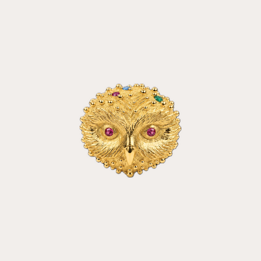 Bague Prodigieux bestiaire chouette maxi anneau poétique, rubis, diamants et or jaune 18k 750/1000