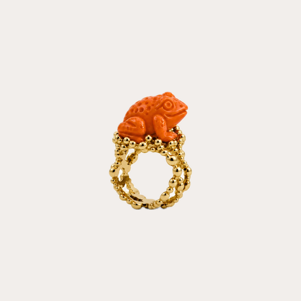 Bague Prodigieux bestiaire grenouille en liberté, entrelacé de boules d'or, corail et or jaune 18k 750/1000
