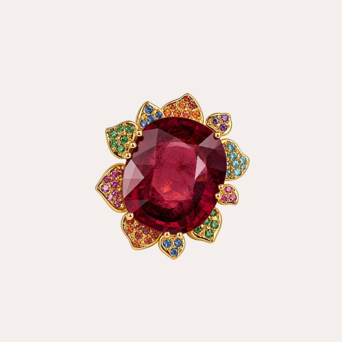 Bague ludmilla Cabinet de curiosité  rubellite magistrale rose poudrée, saphirs oranges, violets, fuchsias et or jaune 18k 750/1000