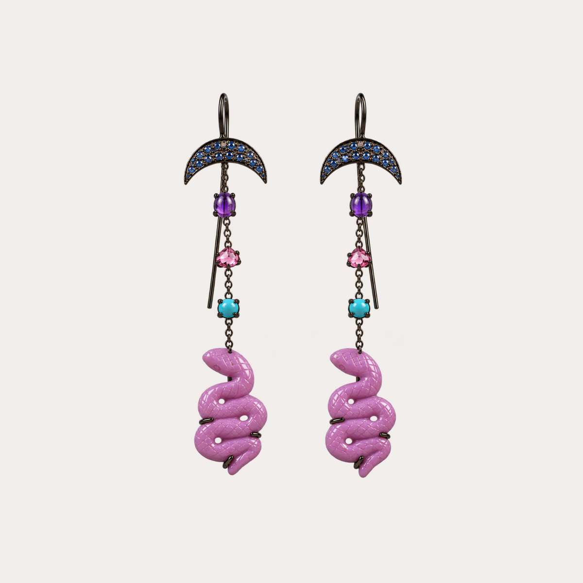 Boucles d'oreilles entre chien et loup Cabinet de curiosité serpent en phosphosidérite, turquoise bleue et argent noirci 18k 750/1000