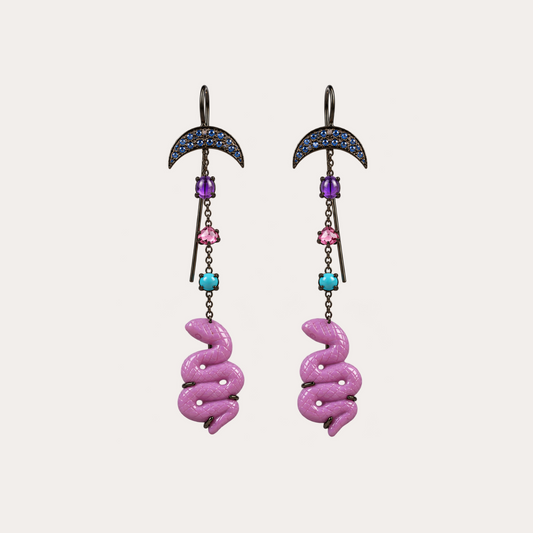 Boucles d'oreilles entre chien et loup Cabinet de curiosité serpent en phosphosidérite, turquoise bleue et argent noirci 18k 750/1000