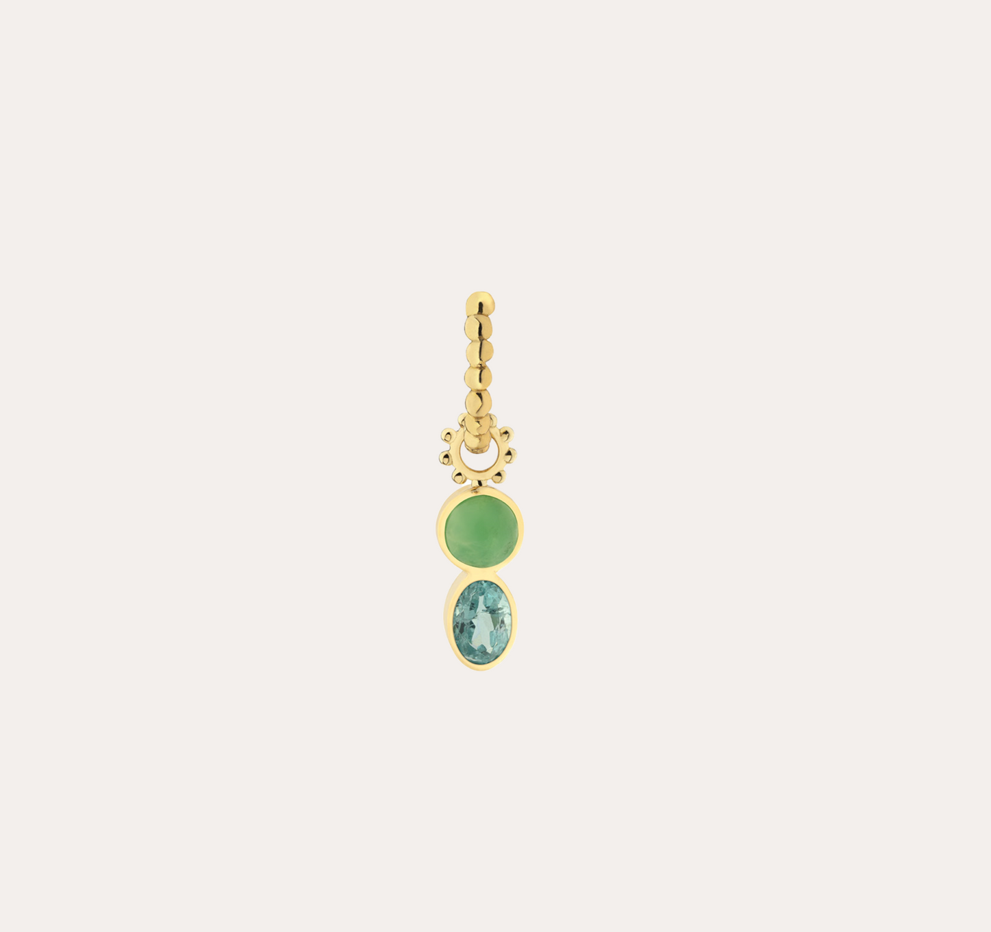 Charm Bohème pour créole, apatite bleue ovale, chrysoprase rond et or jaune recyclé 18k 750/1000