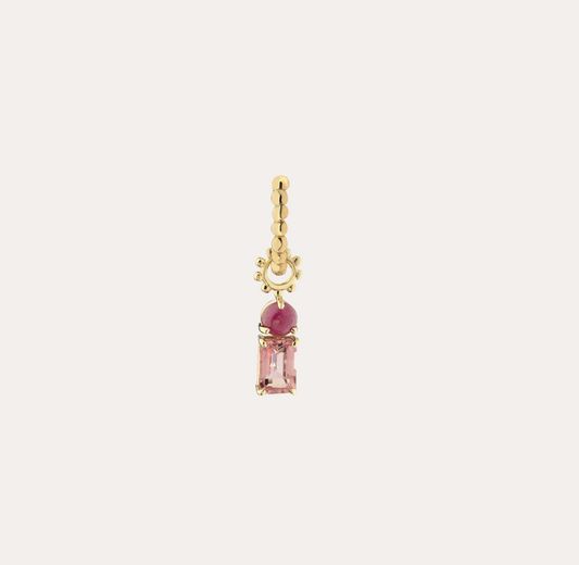 Charm Bohème pour créole, tourmaline rose taille émeraude, rubis cabochon et or jaune recyclé 18k 750/1000