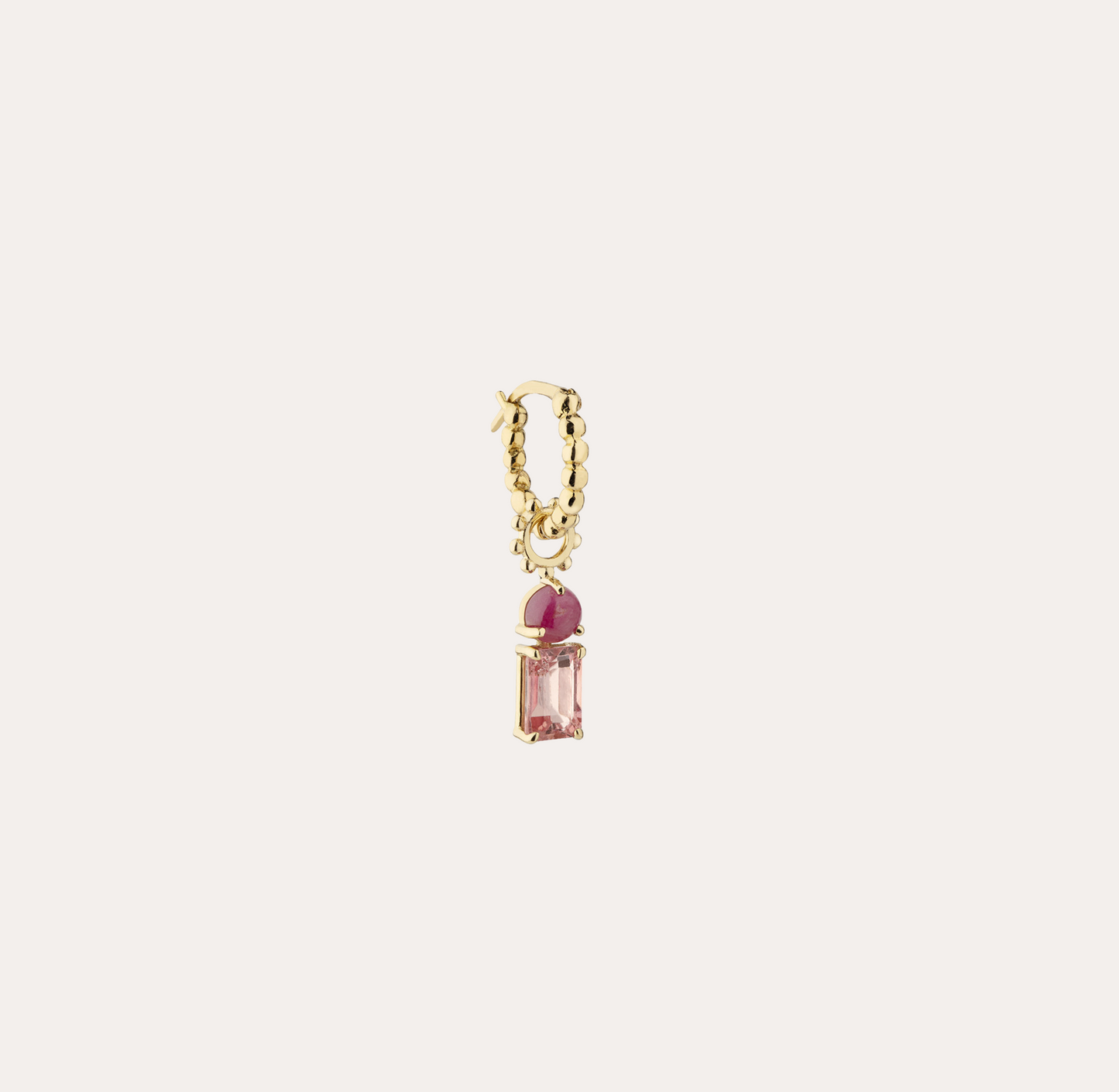 Charm Bohème pour créole, tourmaline rose taille émeraude, rubis cabochon et or jaune recyclé 18k 750/1000