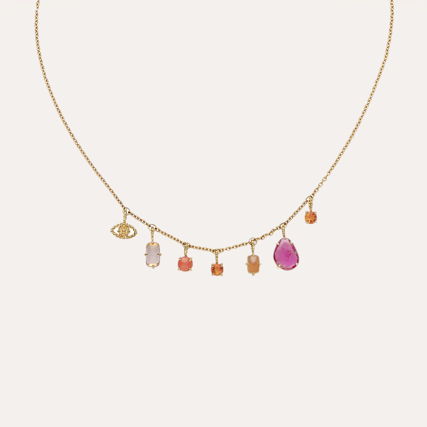 Collier Bohème espoir d'un matin d'été, tourmalines roses, corail, opale de feu et or jaune recyclé 18k 750/1000