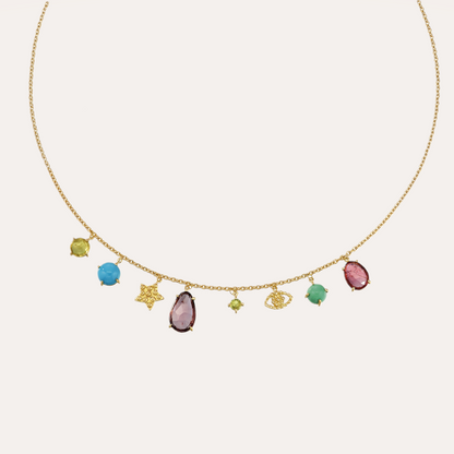 Collier Bohème eaux bienfaisantes, tourmalines jaune, rose, pourpre, beryl jaune, turquoise, vencite et or jaune recyclé 18k 750/1000