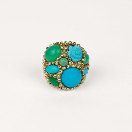 Bague poudre d'escampette mélusine Cabinet de curiosité turquoise bleue, turquoise verte, chrysoprase, opale et or jaune recyclé 18k 750/1000