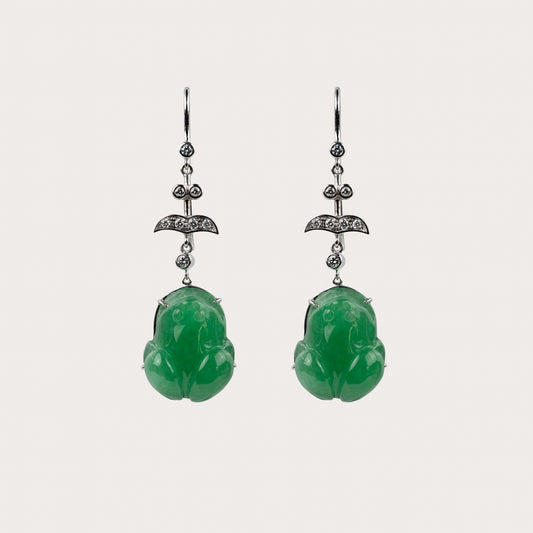 Boucles d'oreilles Olympia grenouille jade vert et or blanc recyclé 18k 750/1000