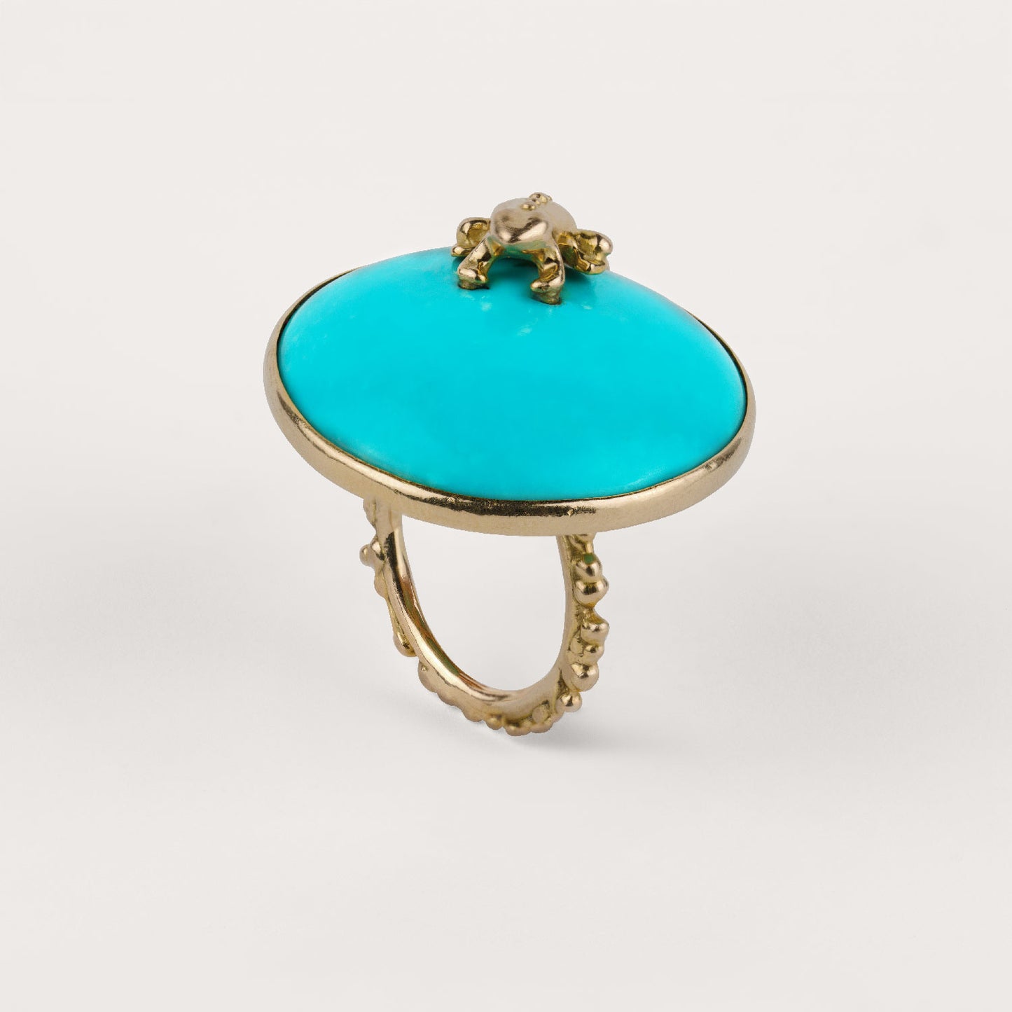 Bague Balade à l'etang turquoise, grenouille et or jaune 18k 750/1000