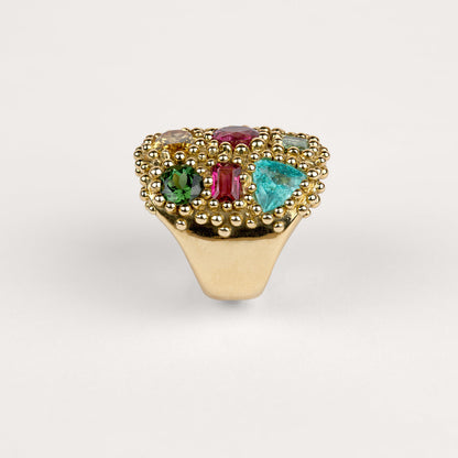 Bague poudre d'escampette tutti frutti Cabinet de curiosité  tourmaline paraiba, tourmalines jaune, rose, fuchsia, verte, grenat spessartite orange et or jaune recyclé 18k 750/1000