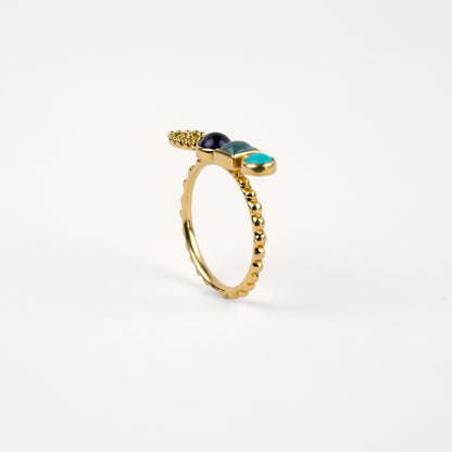 Bague Bohème oeil anneau perlé, améthyste, tourmaline bleue, turquoise et or jaune recyclé 18k 750/1000