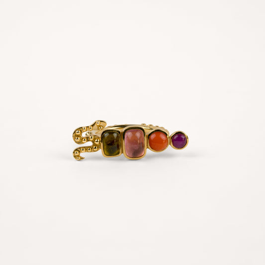 Bague Bohème serpent anneau perlé, rubis, corail, tourmaline cognac, tourmaline rose et or jaune recyclé 18k 750/1000