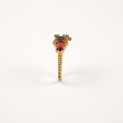 Bague Bohème serpent anneau perlé, rubis, corail, tourmaline cognac, tourmaline rose et or jaune recyclé 18k 750/1000