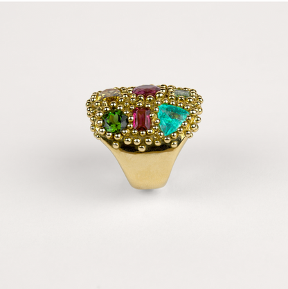 Bague poudre d'escampette tutti frutti Cabinet de curiosité  tourmaline paraiba, tourmalines jaune, rose, fuchsia, verte, grenat spessartite orange et or jaune recyclé 18k 750/1000
