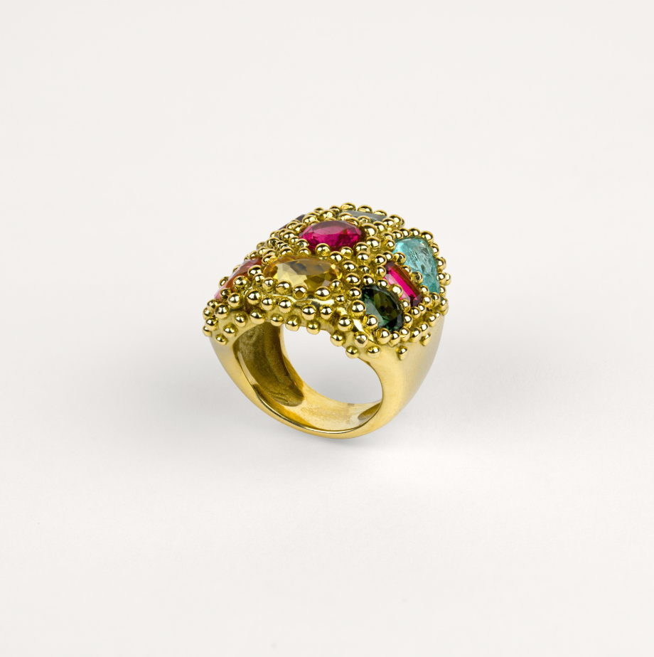 Bague poudre d'escampette tutti frutti Cabinet de curiosité  tourmaline paraiba, tourmalines jaune, rose, fuchsia, verte, grenat spessartite orange et or jaune recyclé 18k 750/1000