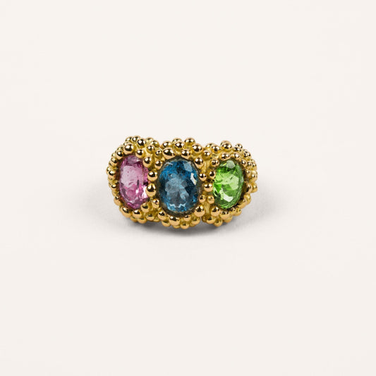 Bague anneau Poudre d'escampette tourmalines roses, vertes, bleues et or jaune recyclé 18k 750/1000