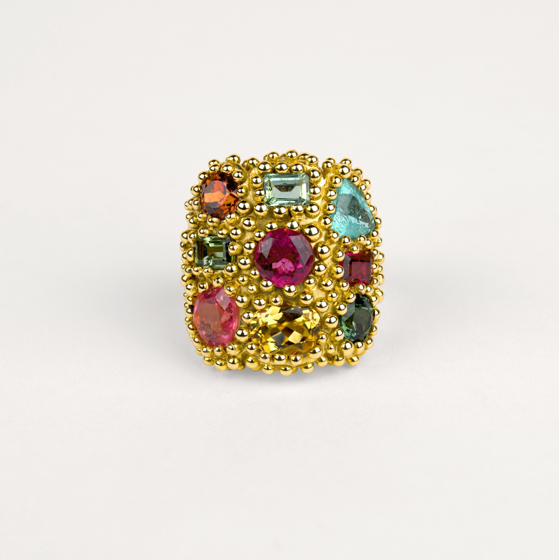 Bague poudre d'escampette tutti frutti Cabinet de curiosité  tourmaline paraiba, tourmalines jaune, rose, fuchsia, verte, grenat spessartite orange et or jaune recyclé 18k 750/1000