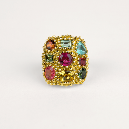 Bague poudre d'escampette tutti frutti Cabinet de curiosité  tourmaline paraiba, tourmalines jaune, rose, fuchsia, verte, grenat spessartite orange et or jaune recyclé 18k 750/1000