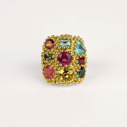 Bague poudre d'escampette tutti frutti Cabinet de curiosité  tourmaline paraiba, tourmalines jaune, rose, fuchsia, verte, grenat spessartite orange et or jaune recyclé 18k 750/1000