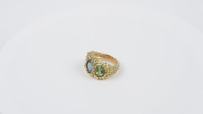 Bague anneau Poudre d'escampette tourmalines roses, vertes, bleues et or jaune recyclé 18k 750/1000