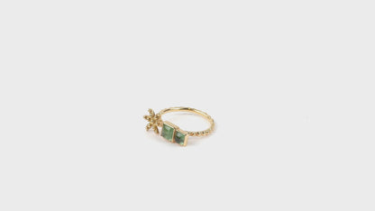 Bague Bohème fleur, anneau perlé, tourmaline verte et or jaune recyclé 18k 750/1000