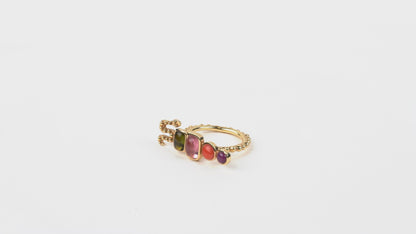 Bague Bohème serpent anneau perlé, rubis, corail, tourmaline cognac, tourmaline rose et or jaune recyclé 18k 750/1000